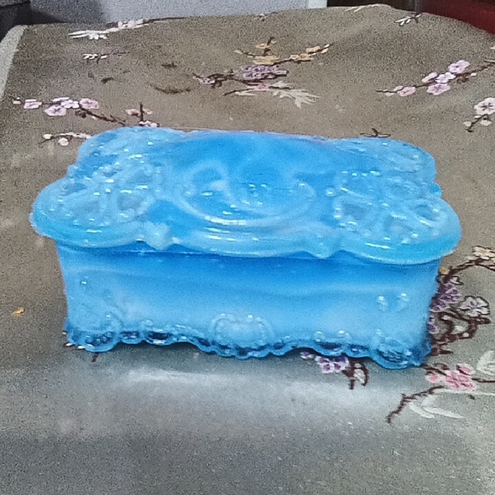 Antique Portieux Valleysthal Blue Milk Glass Trinket Box